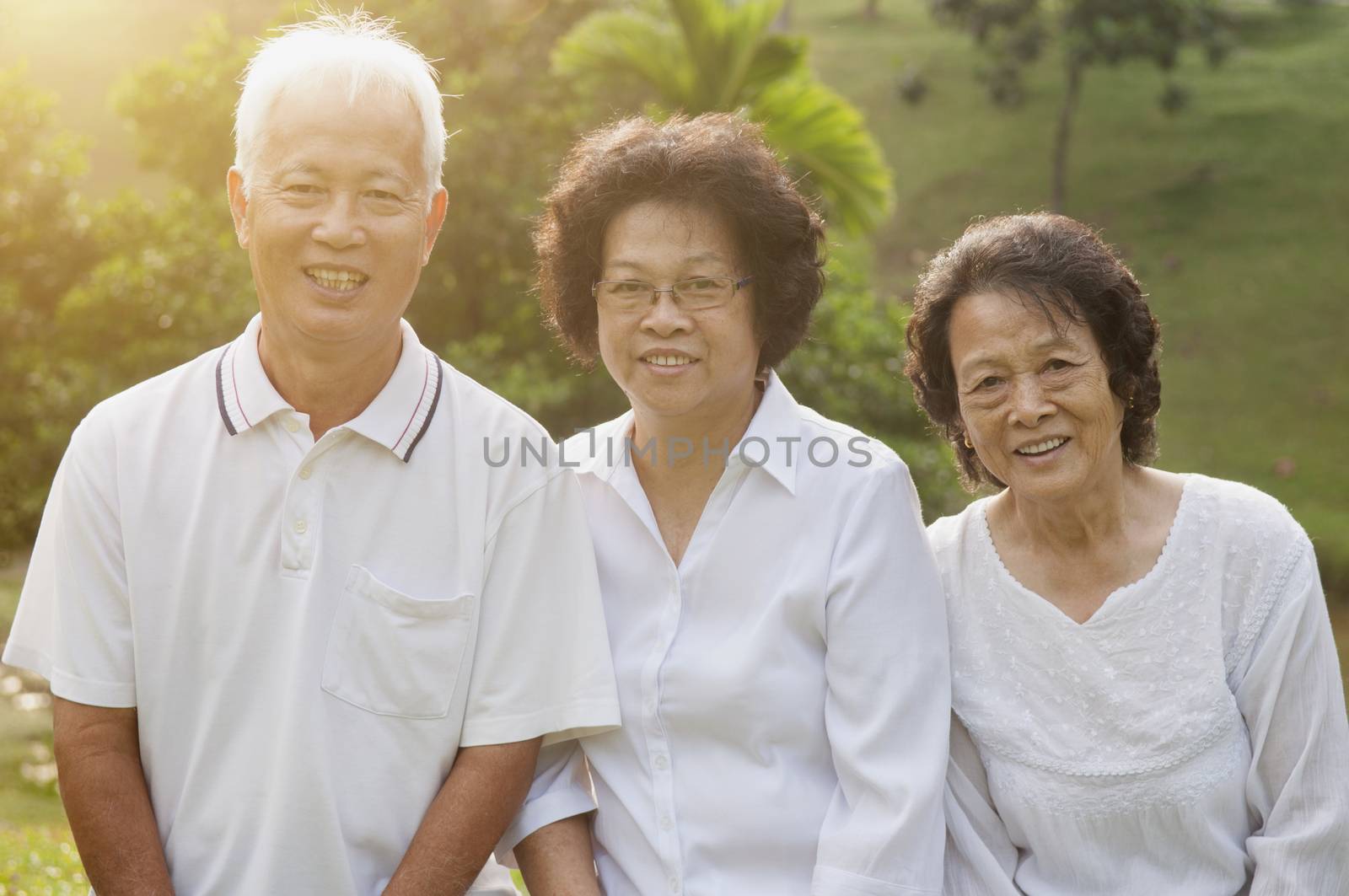 Portrait of healthy Asian seniors group having fun at outdoor nature park, in morning beautiful sunlight at background.