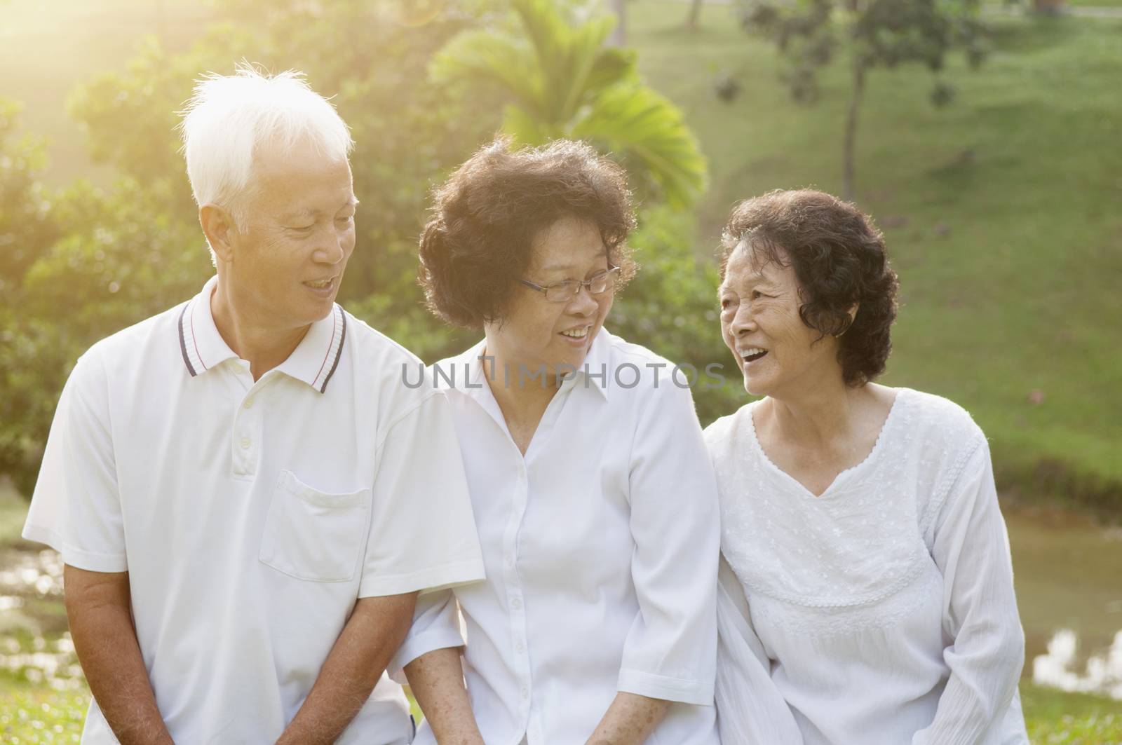 Group of healthy Asian seniors chatting at outdoor nature park, in morning beautiful sunlight at background.