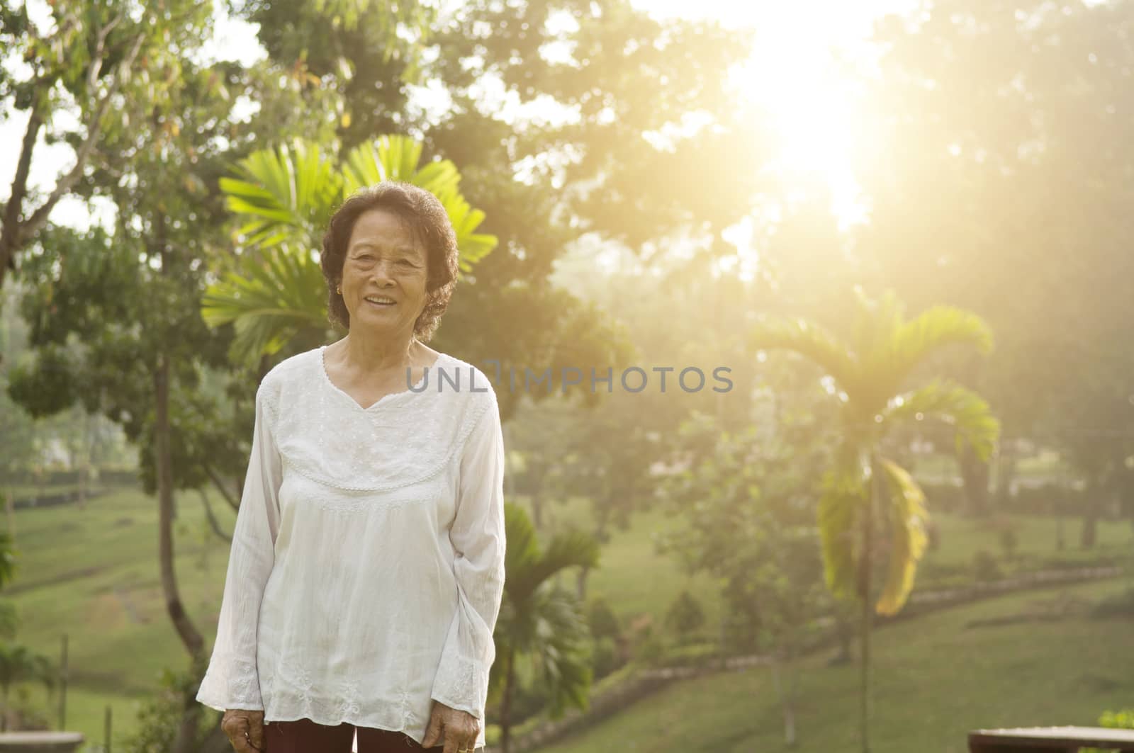 Portrait of healthy Asian senior woman standing at outdoor nature park, morning beautiful sunlight background.