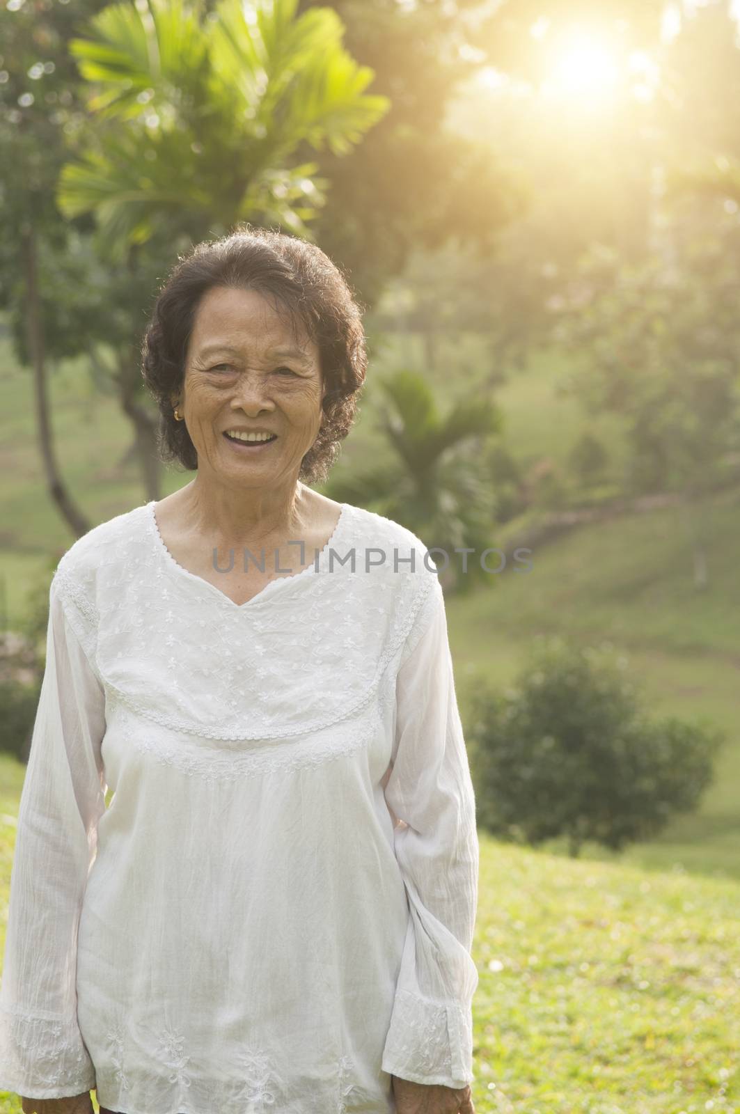 Portrait of healthy Asian senior woman walking at outdoor nature park, morning beautiful sunlight background.