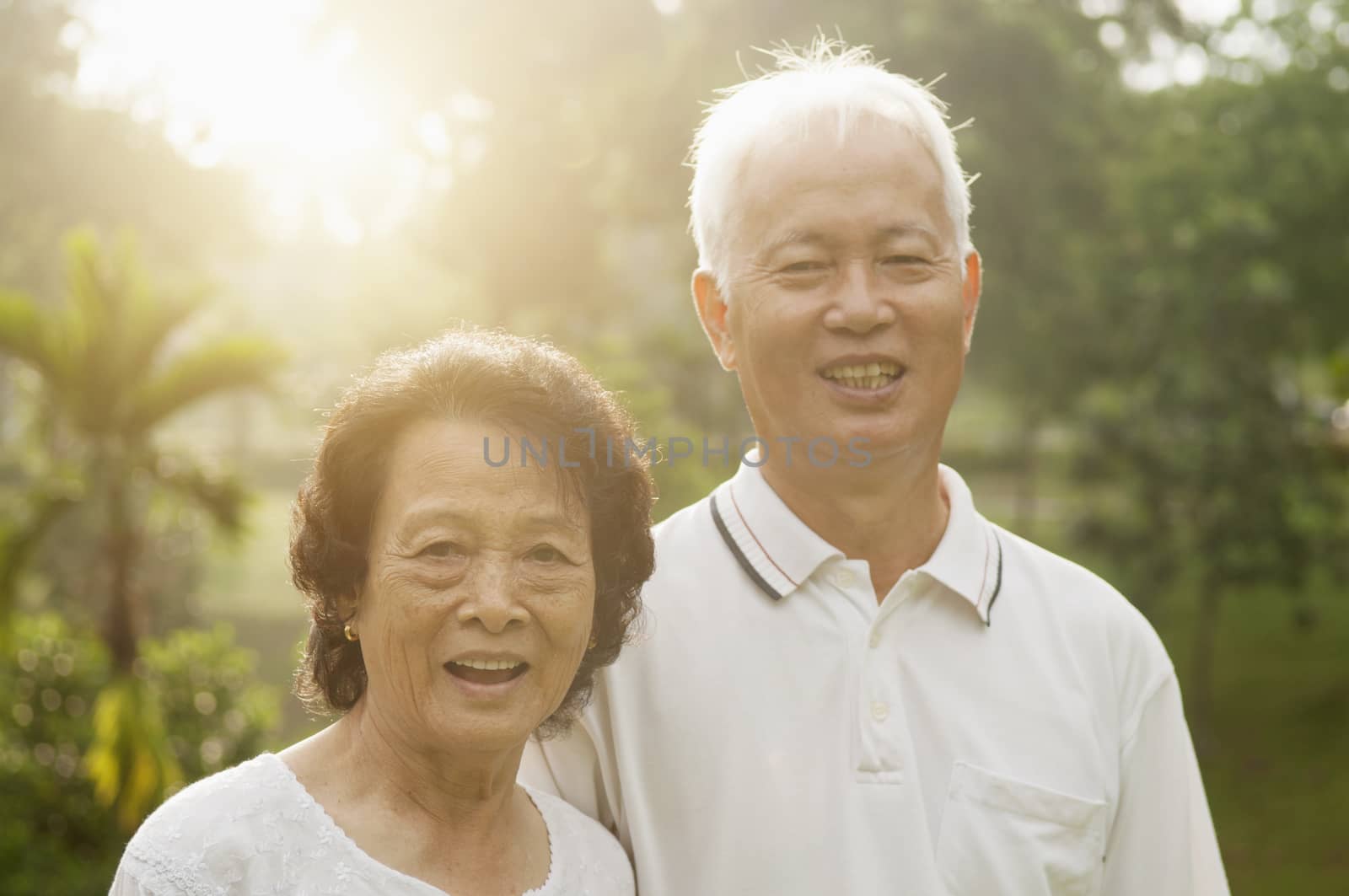 Portrait of healthy and happy Asian seniors retiree couple enjoying life at outdoor nature park, morning beautiful sunlight background.