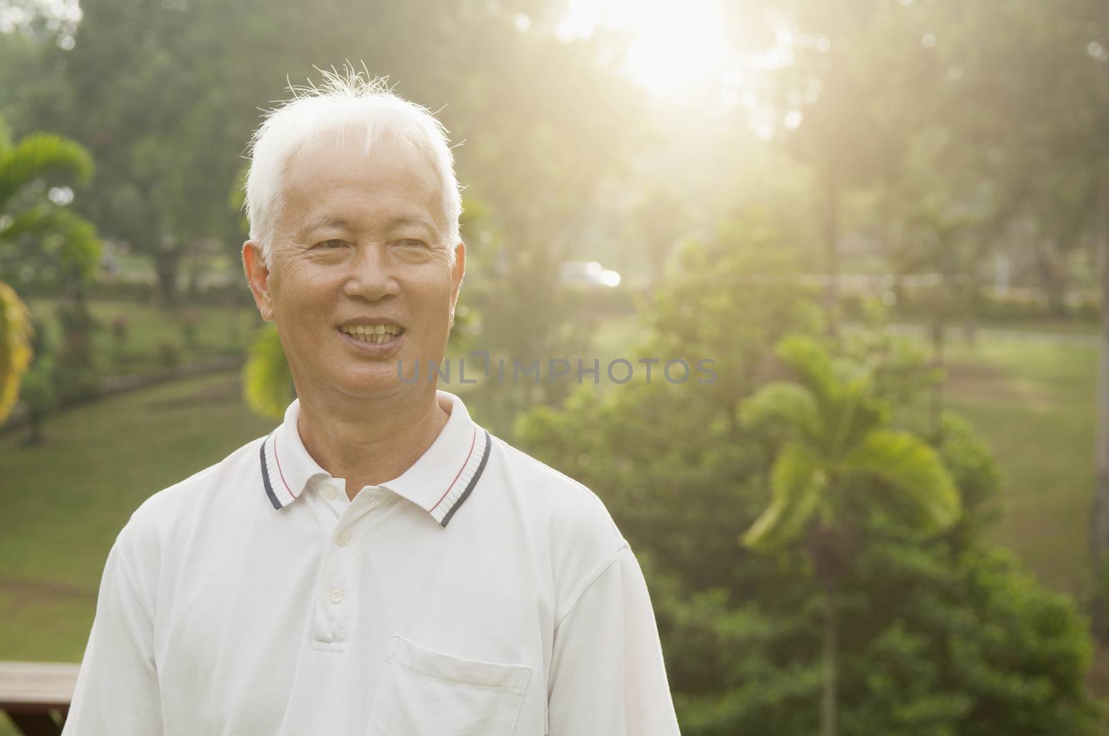 Portrait of healthy and happy Asian senior man at outdoor nature park, morning beautiful sunlight background.