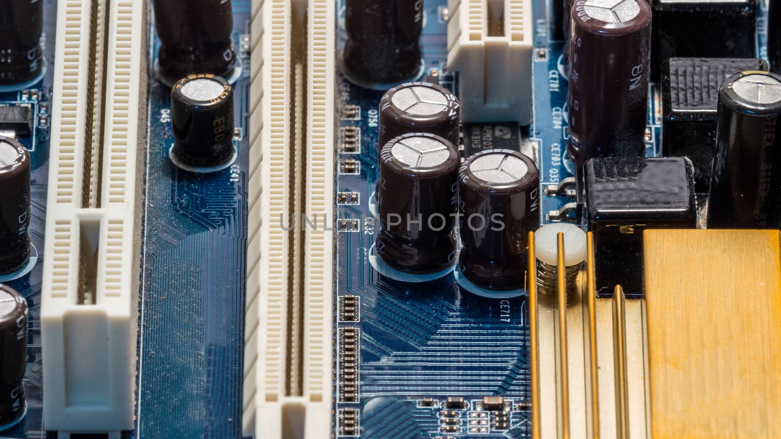 Closeup image of a computer mainboard, detail of Memory Bank.