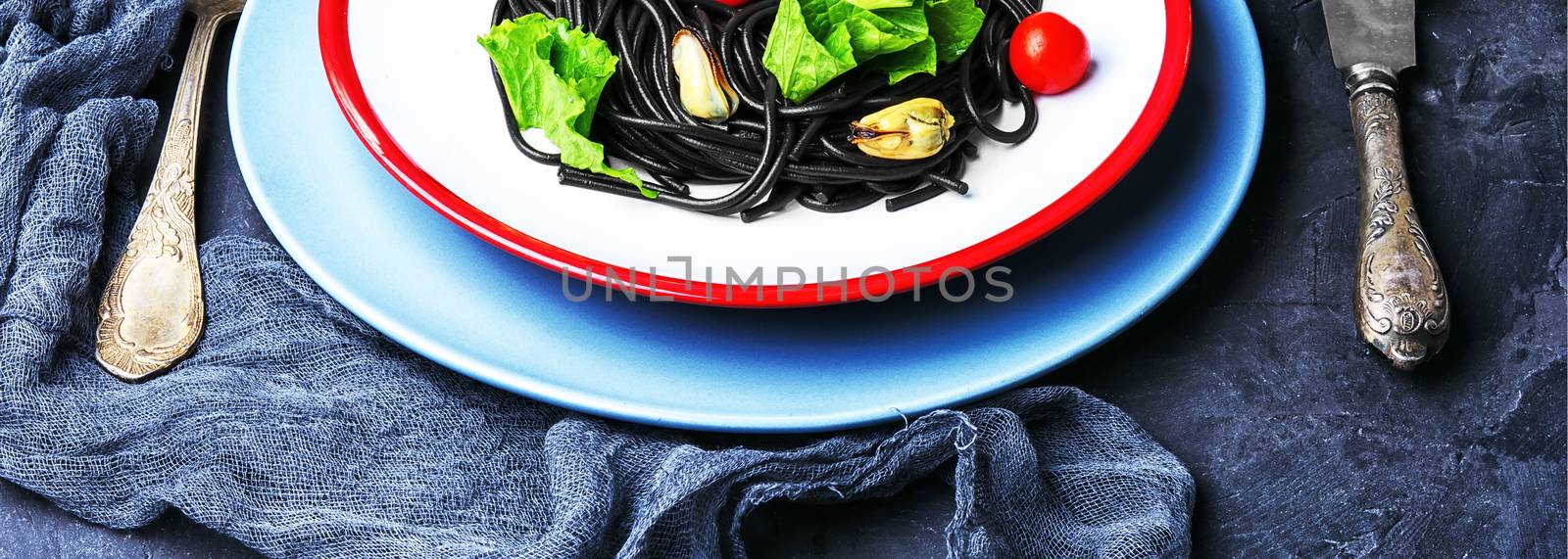 black pasta with mussels and trout by LMykola