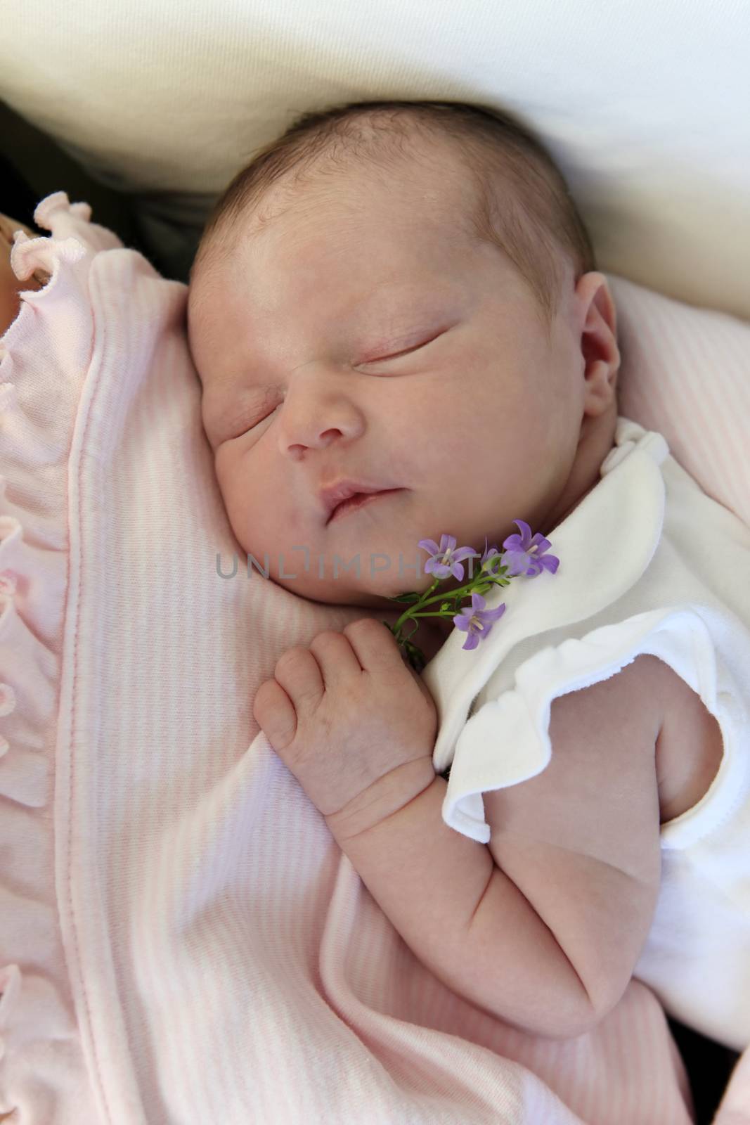 Sleeping newborn baby with flower