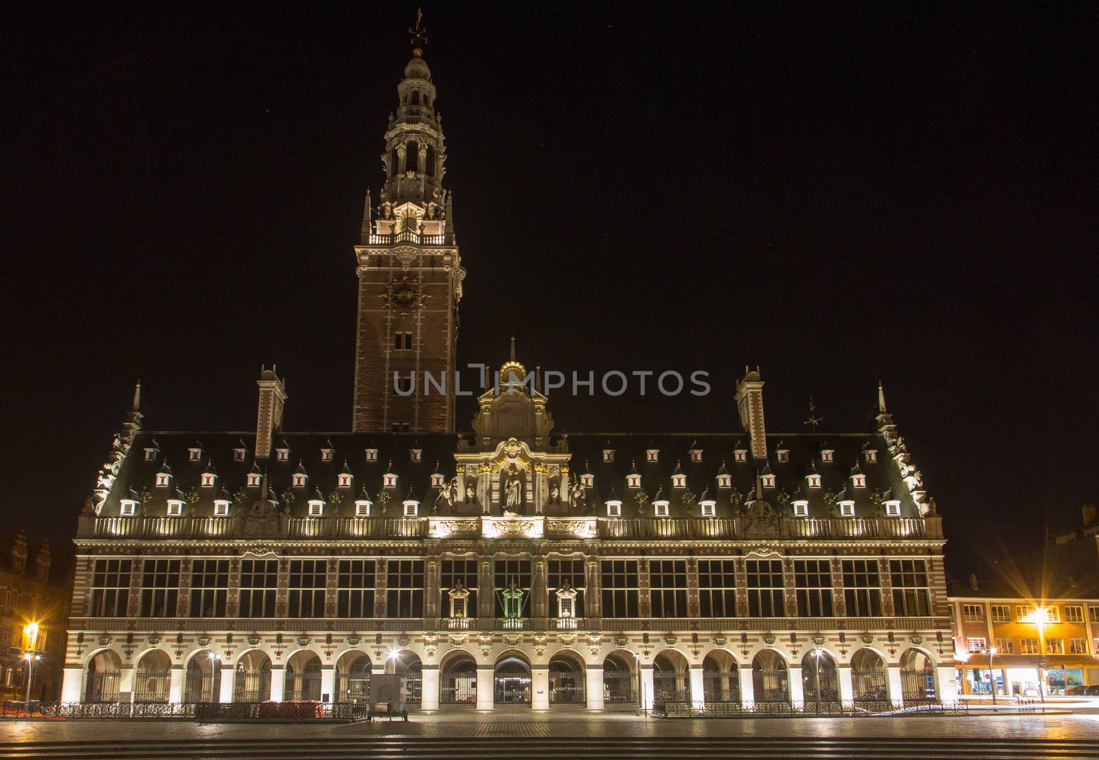 The university library on the Ladeuze square at night, Leuven, Belgium