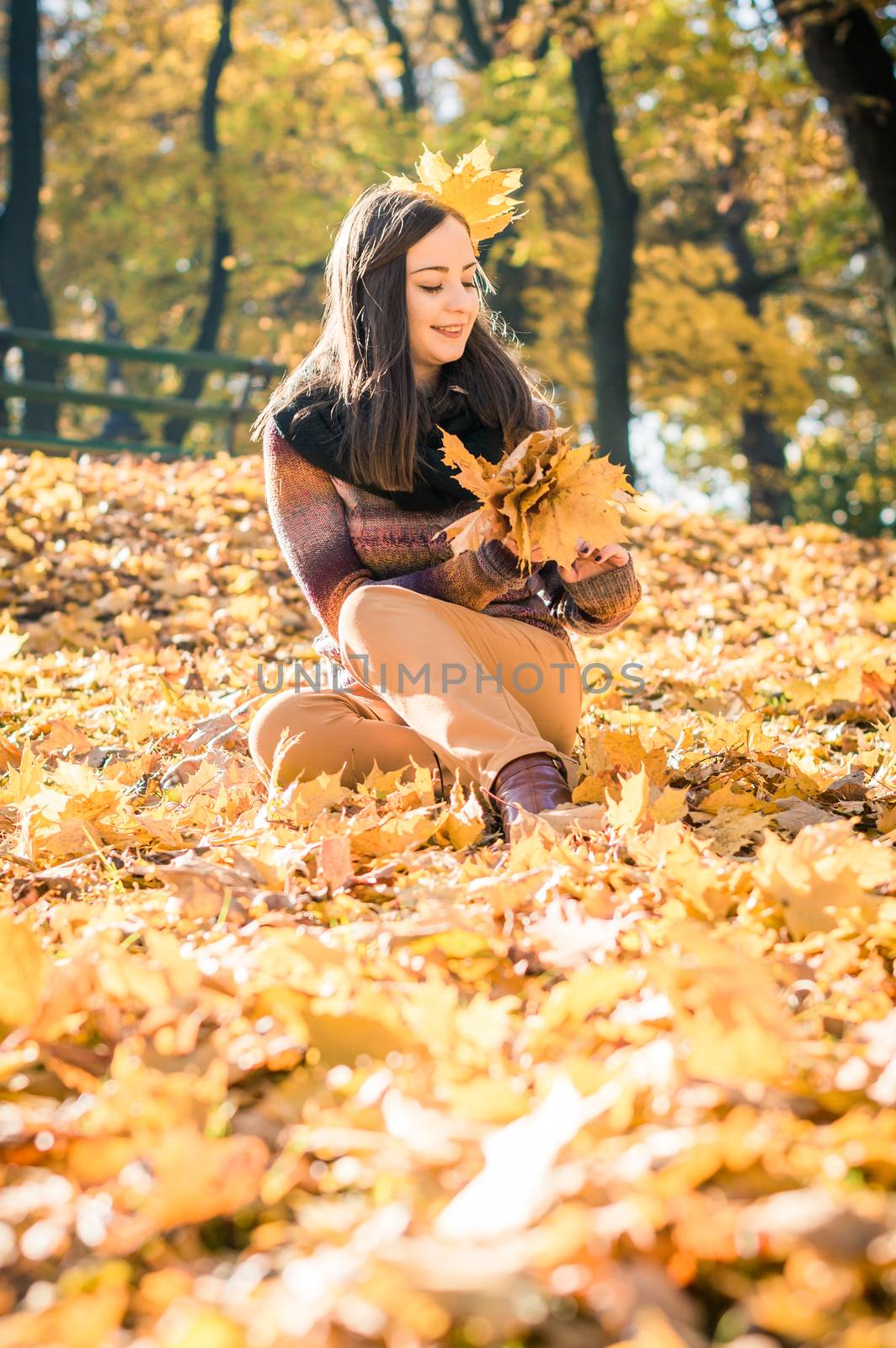 beautiful girl in autumn Park keeps yellow leaves