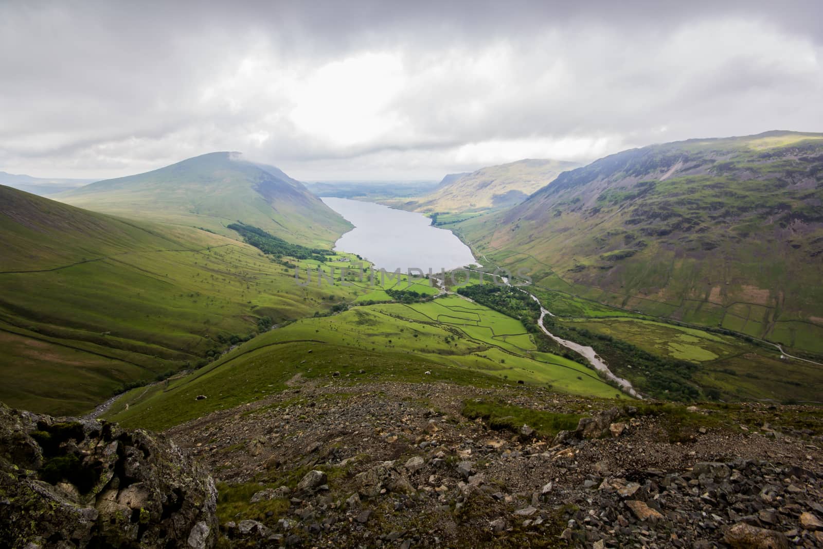 Wasdale valley with mountains around and a lake in the center