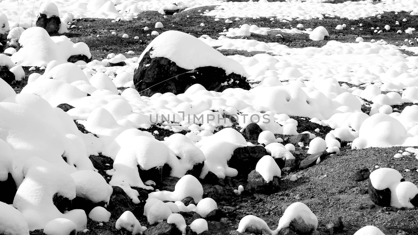 Closeup stone and snow monochrome in the mist Noboribetsu onsen snow winter national park in Jigokudani, Hokkaido, Japan