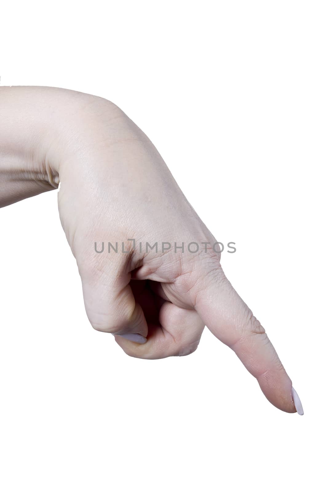 Female forefinger pointing at something. Isolated on a white background.