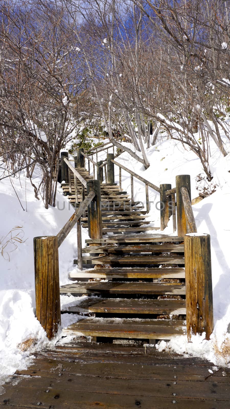 Snow stair walkway and railing in the forest Noboribetsu onsen snow winter national park in Jigokudani, Hokkaido, Japan