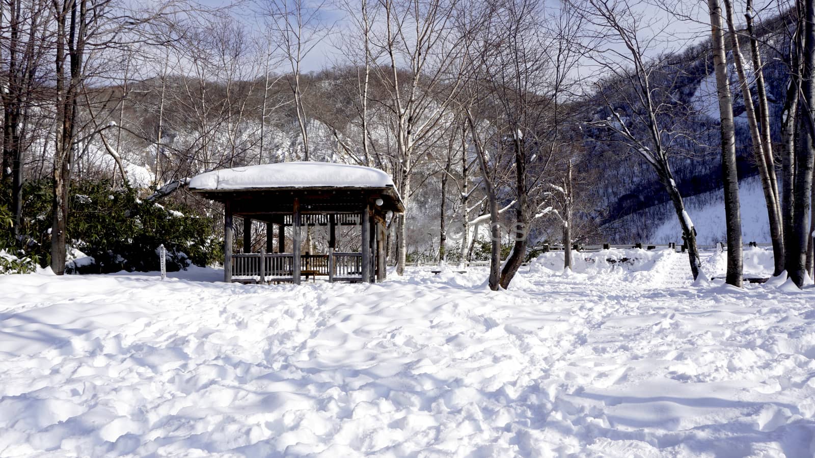 Snow and wooden pavilion landscape in the forest Noboribetsu onsen snow winter national park in Jigokudani, Hokkaido, Japan