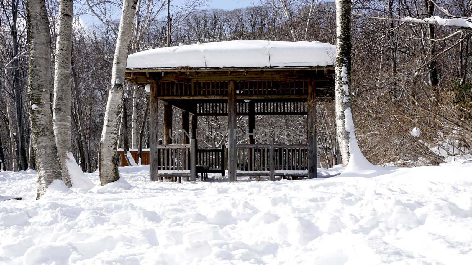 Snow and wooden pavilion landscape in the forest Noboribetsu ons by polarbearstudio