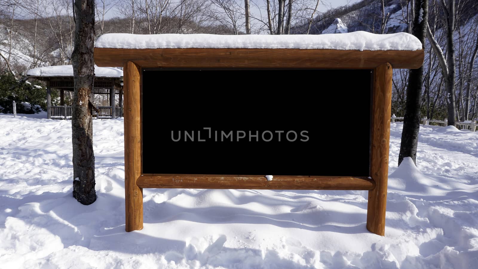 blank signage wood frame in the forest snow winter national park, Hokkaido, Japan