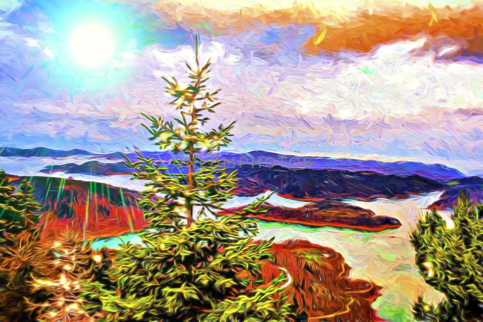 Plastiras lake panoramic view in central Greece. Digital paint.