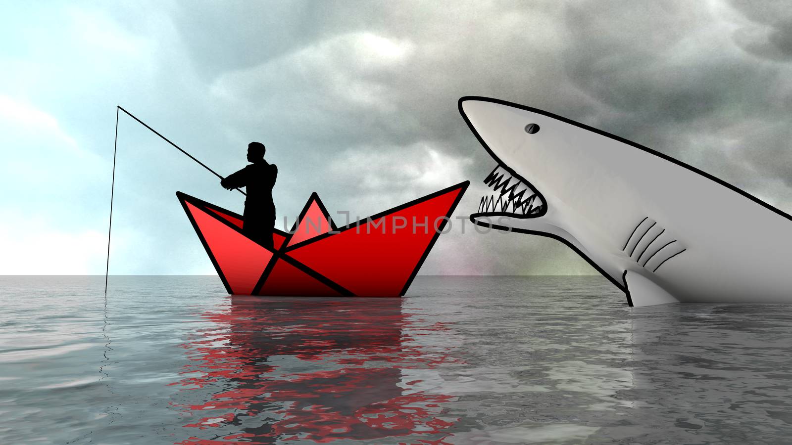Man fishing does not see the danger coming. Metaphor. 3D Rendering by ytjo