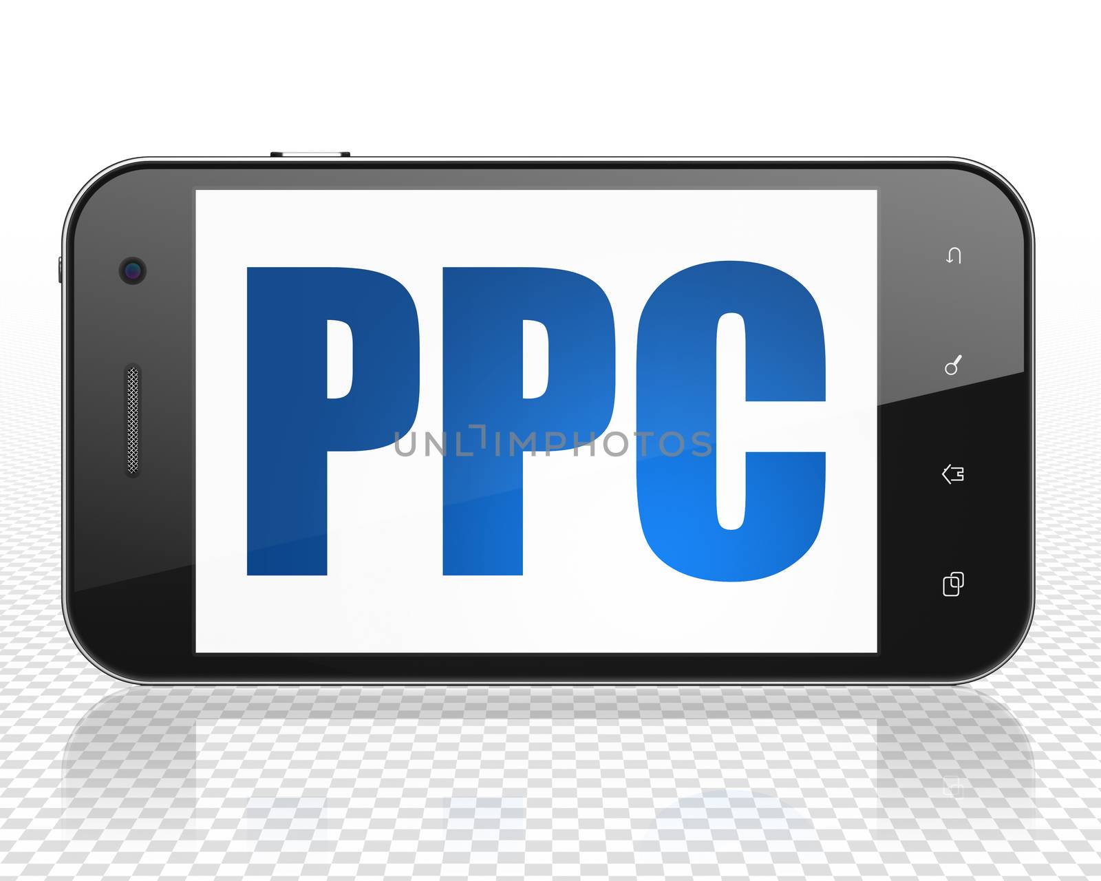 Advertising concept: Smartphone with blue text PPC on display, 3D rendering