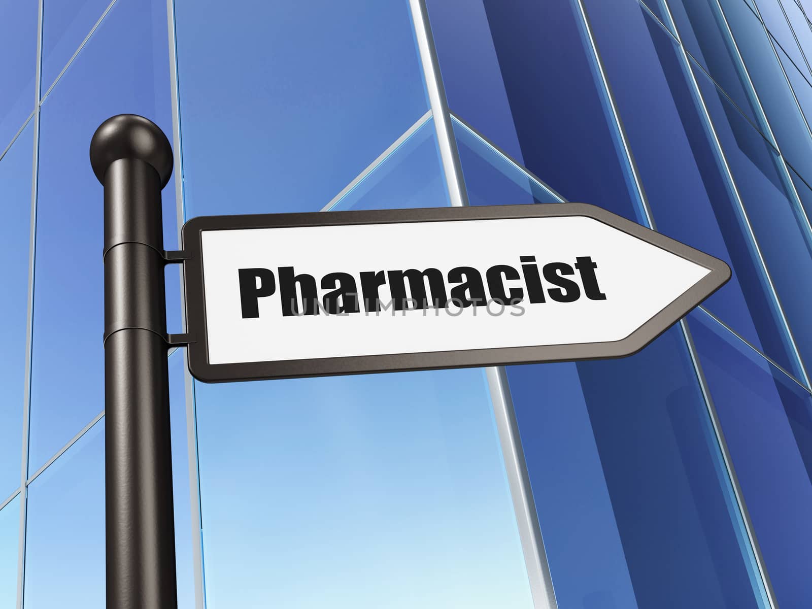 Medicine concept: sign Pharmacist on Building background, 3D rendering