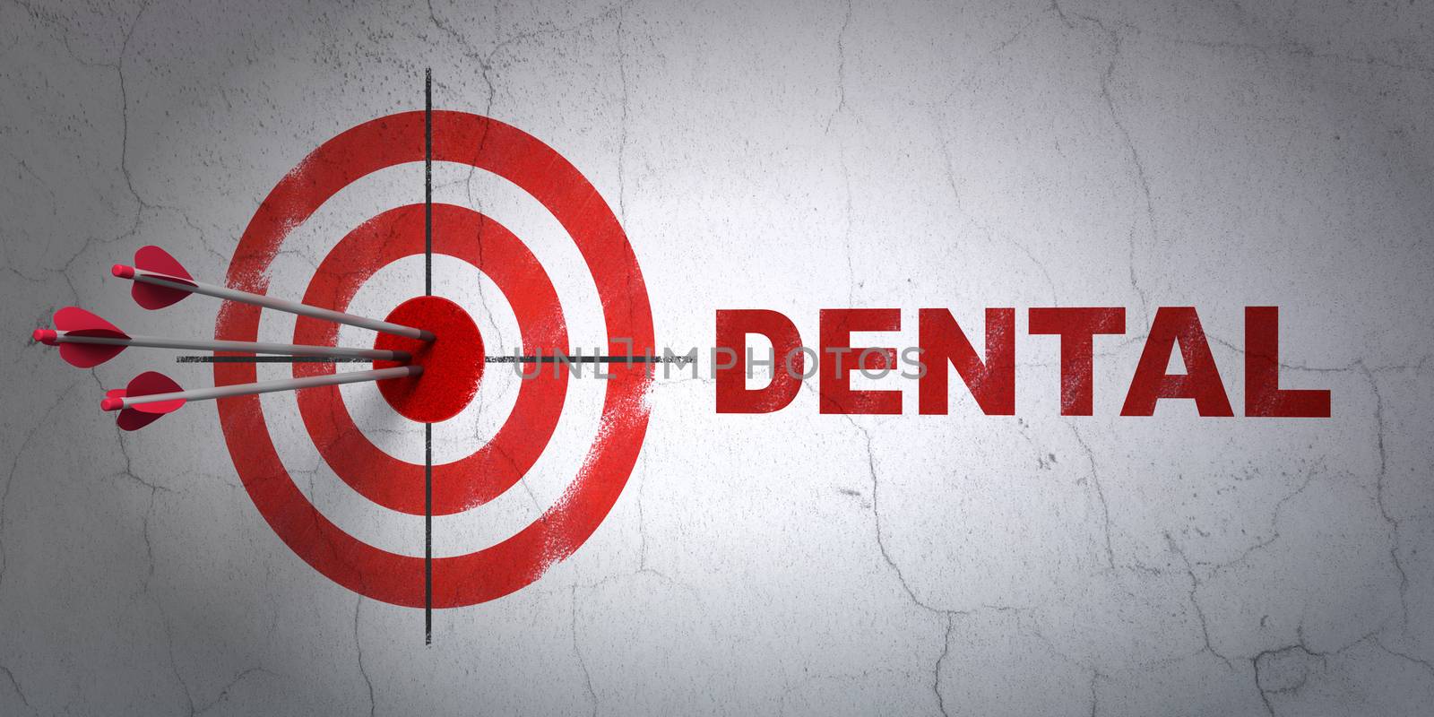 Success Medicine concept: arrows hitting the center of target, Red Dental on wall background, 3D rendering