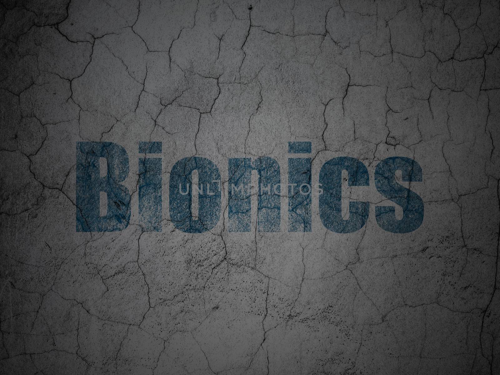 Science concept: Blue Bionics on grunge textured concrete wall background