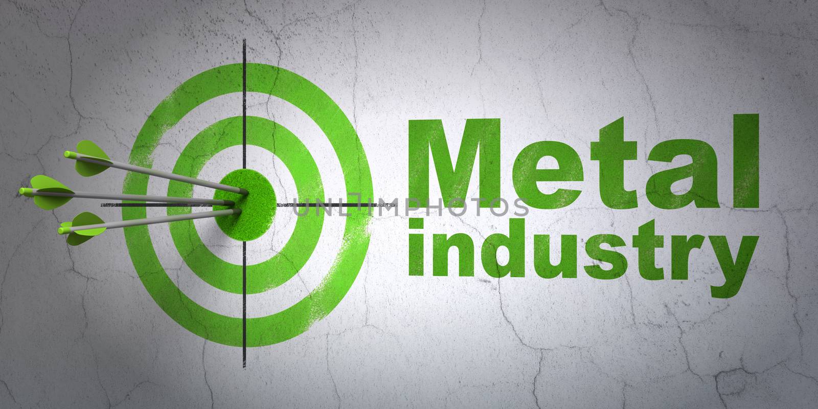 Success Manufacuring concept: arrows hitting the center of target, Green Metal Industry on wall background, 3D rendering