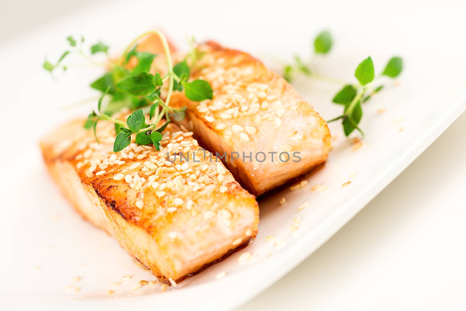 Grilled salmon on white plate by Nanisimova