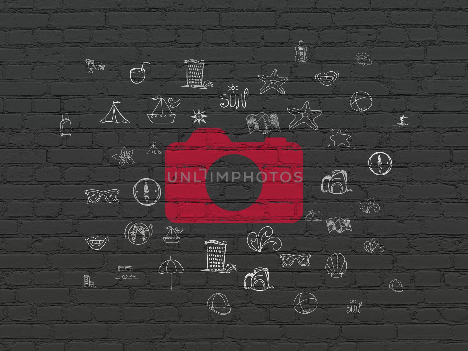 Tourism concept: Painted red Photo Camera icon on Black Brick wall background with  Hand Drawn Vacation Icons