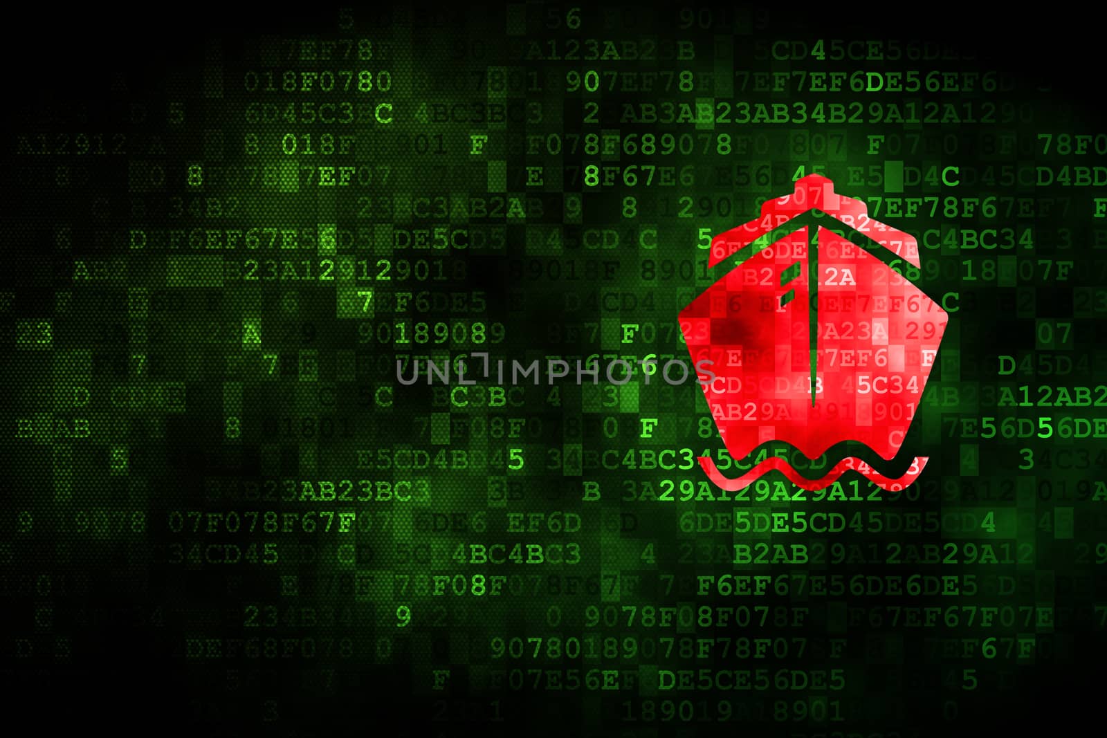 Travel concept: pixelated Ship icon on digital background, empty copyspace for card, text, advertising