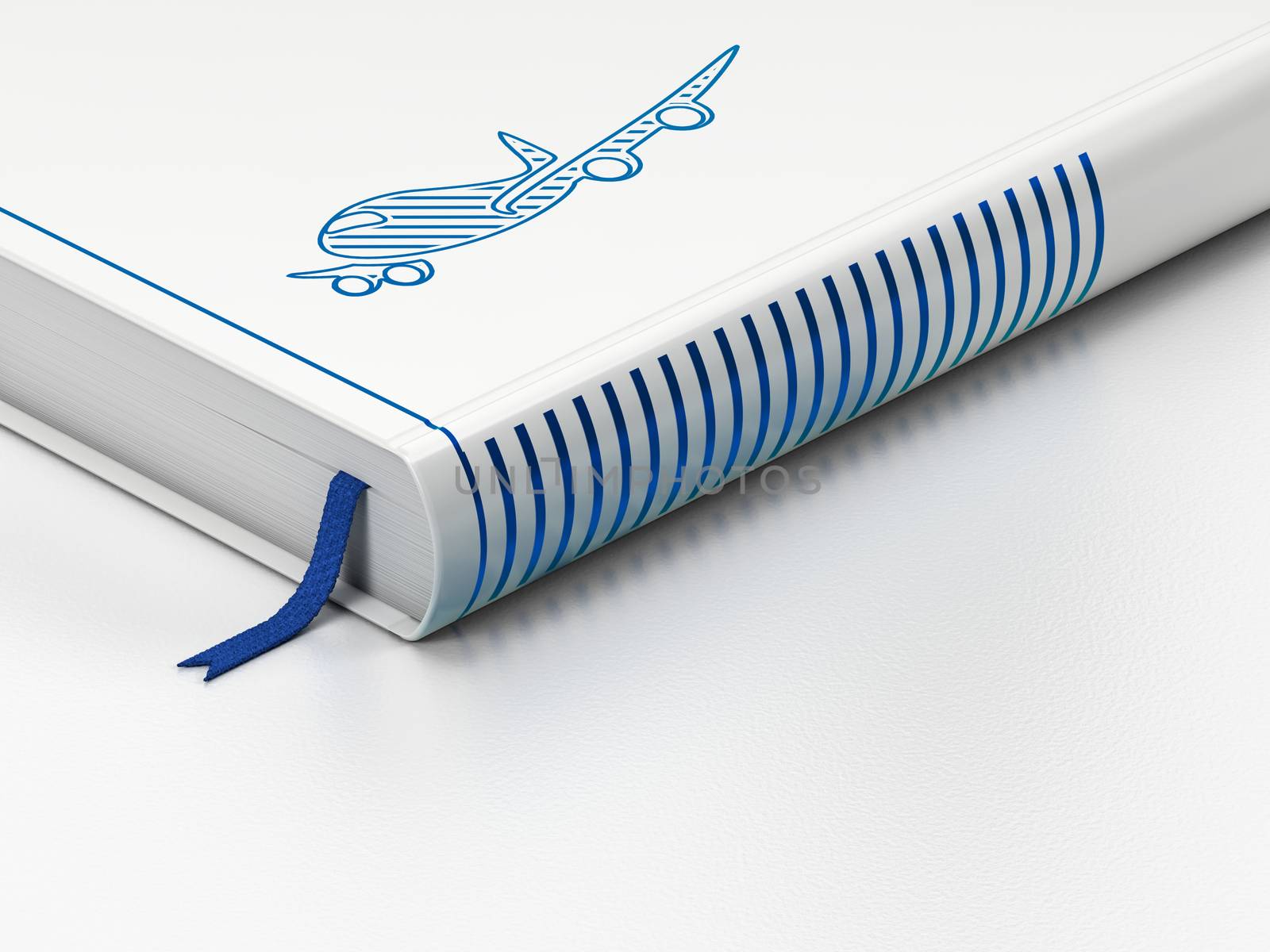 Travel concept: closed book with Blue Airplane icon on floor, white background, 3D rendering
