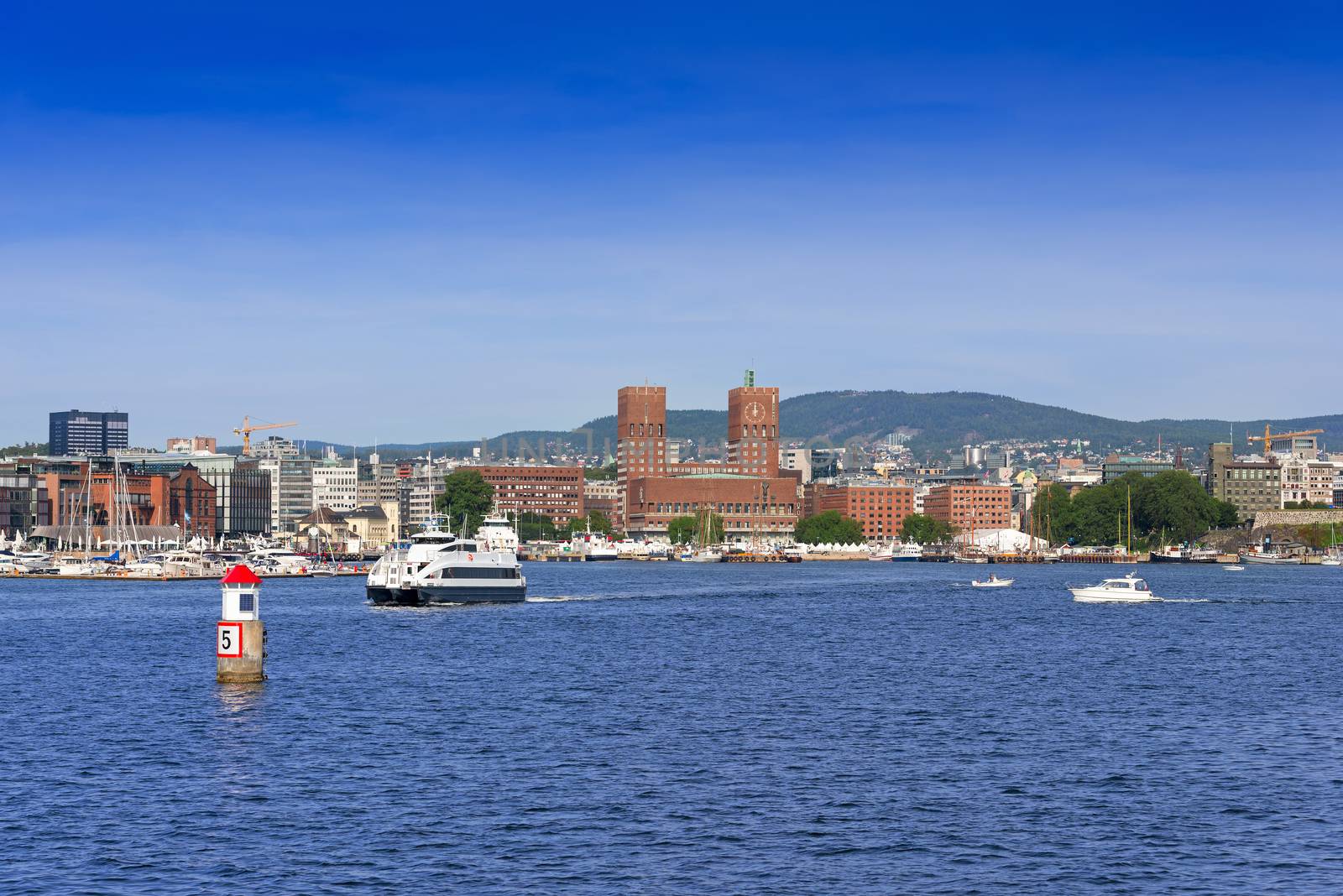 View of Oslo Radhuset (town hall) from the sea, Oslo, Norway