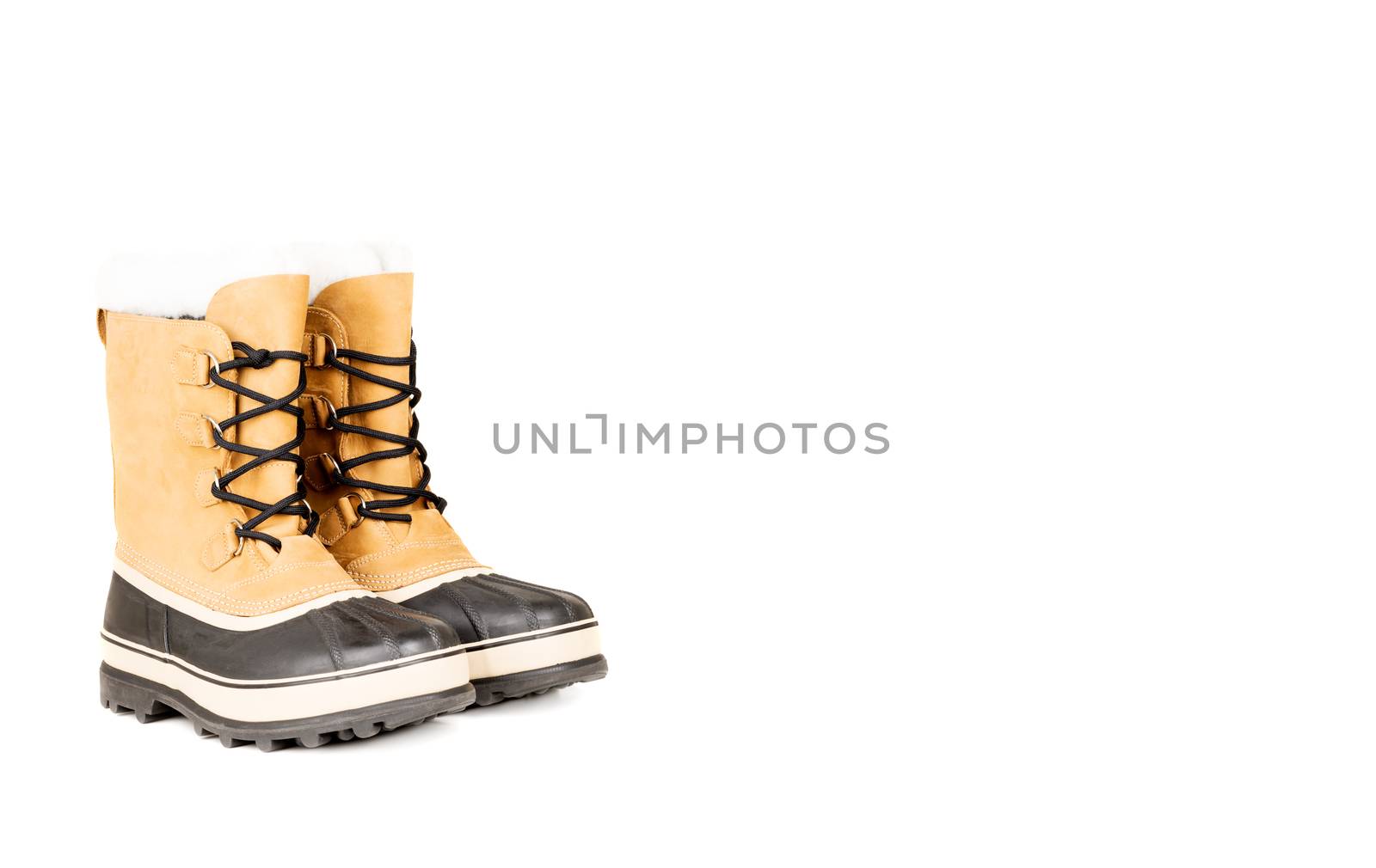 Unisex winter high boots isolated on white with copy space