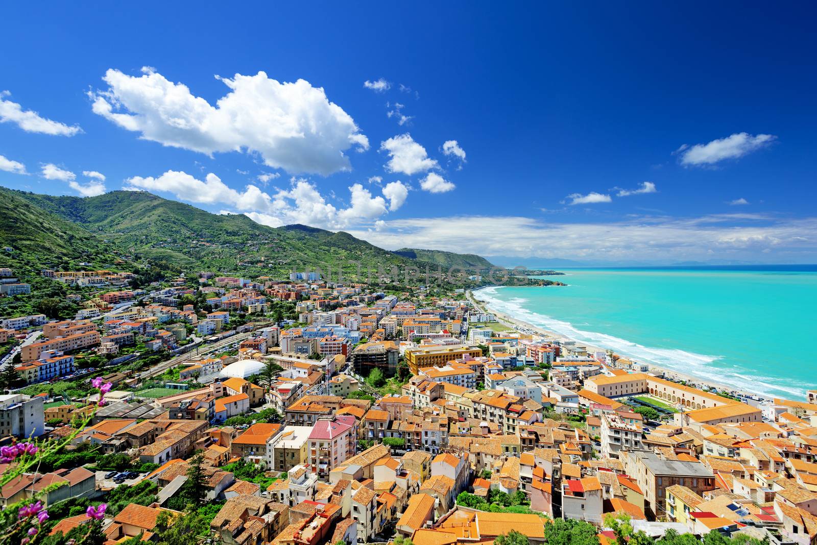 Aerial view of town Cefalu from above, Sicily, Italy