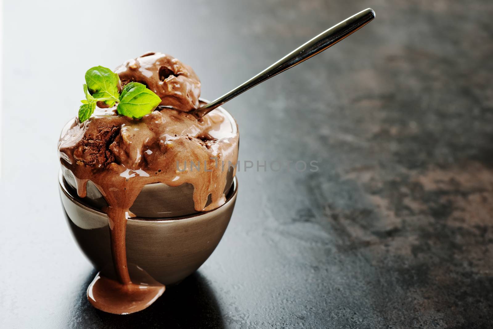 Chocolate ice cream with mint leaves in bowl