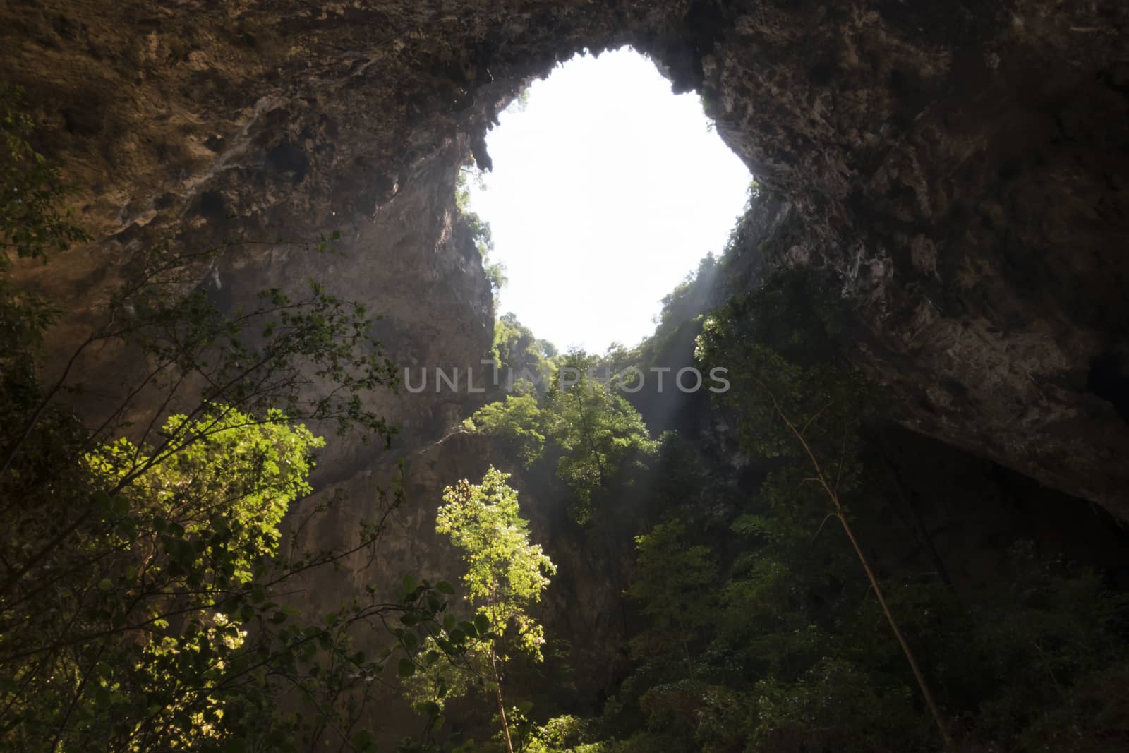 Sunlight through a cave hole in Thailand. by dfrsce