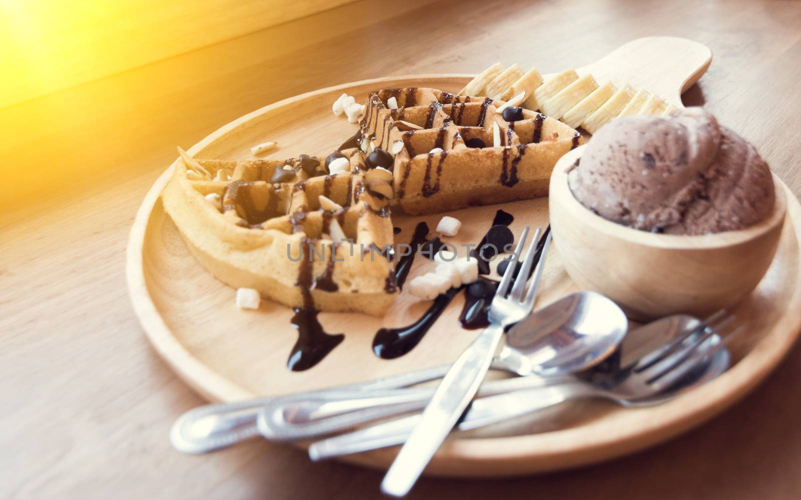 Belgian waffles with fruit and chocolate, forest fruit, all home by dfrsce