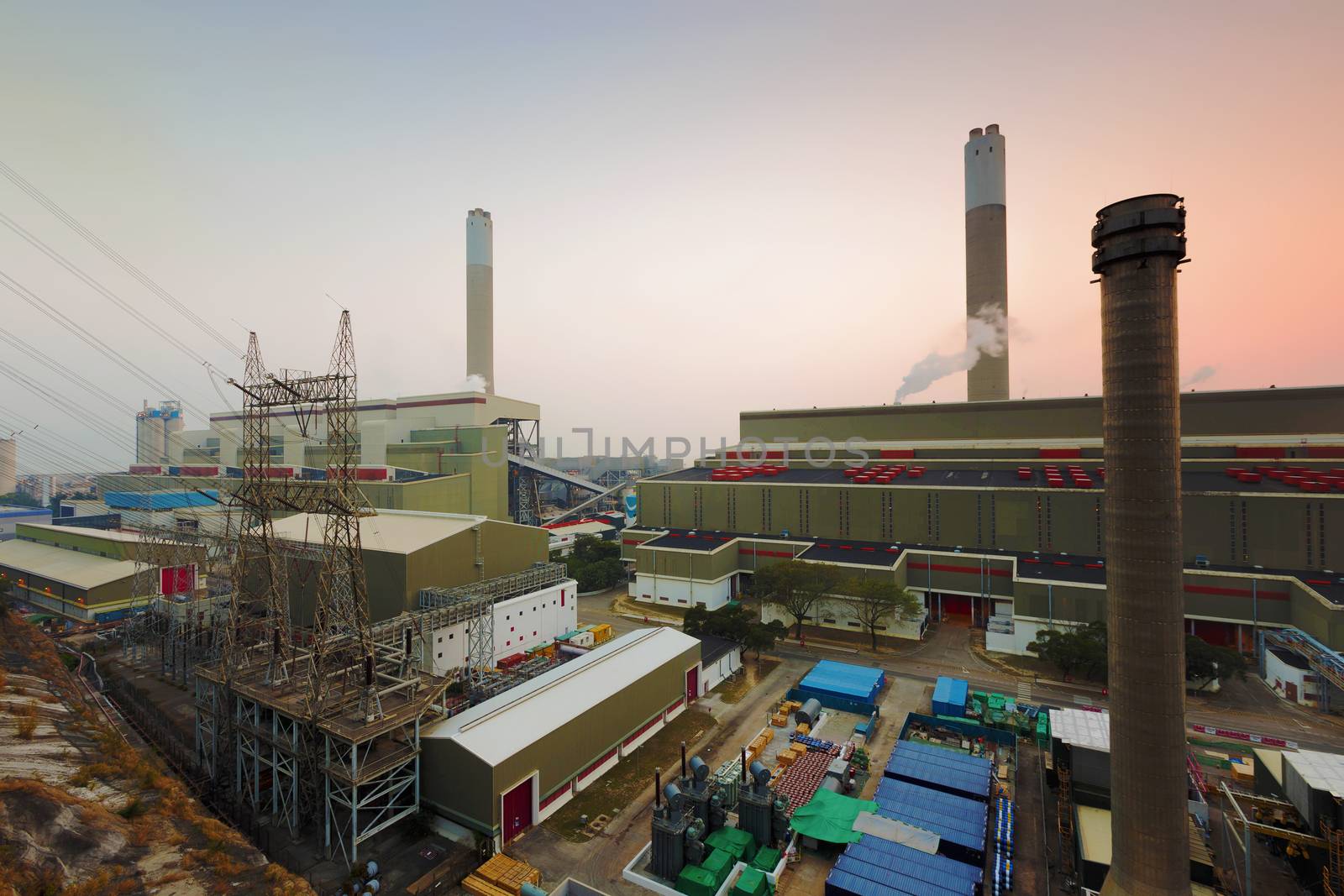 Hong Kong power station at sunset , Glow light of petrochemical industry