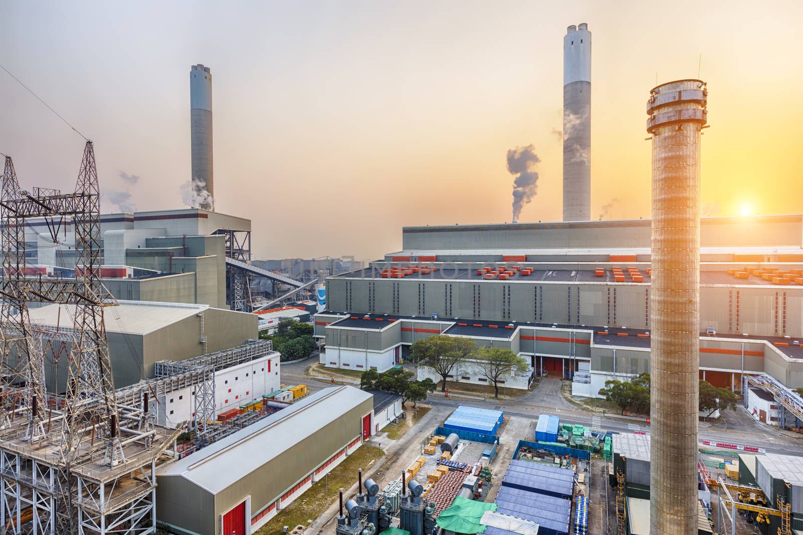 Hong Kong power station at sunset , Glow light of petrochemical industry