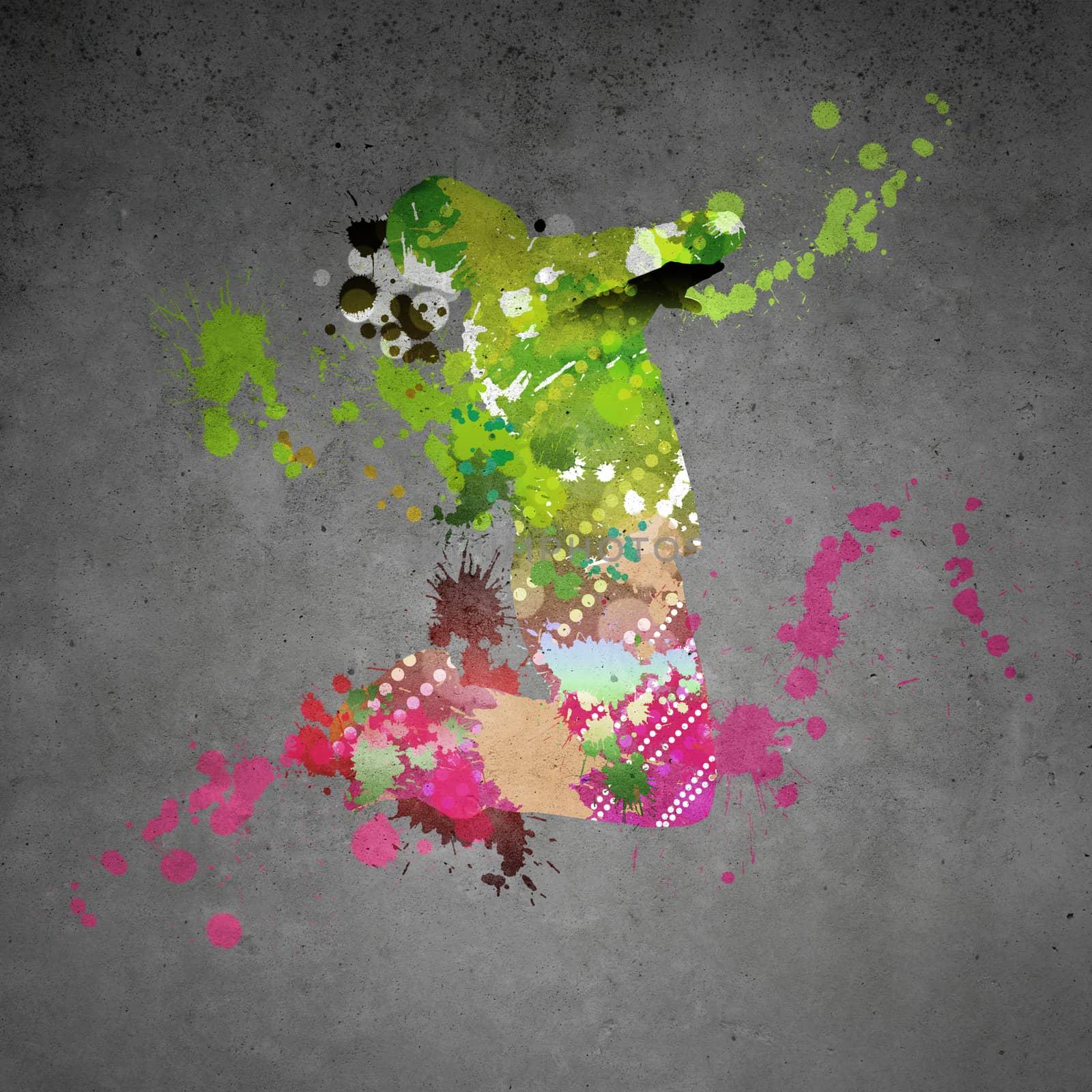 Image with color silhouette of dancer on gray wall