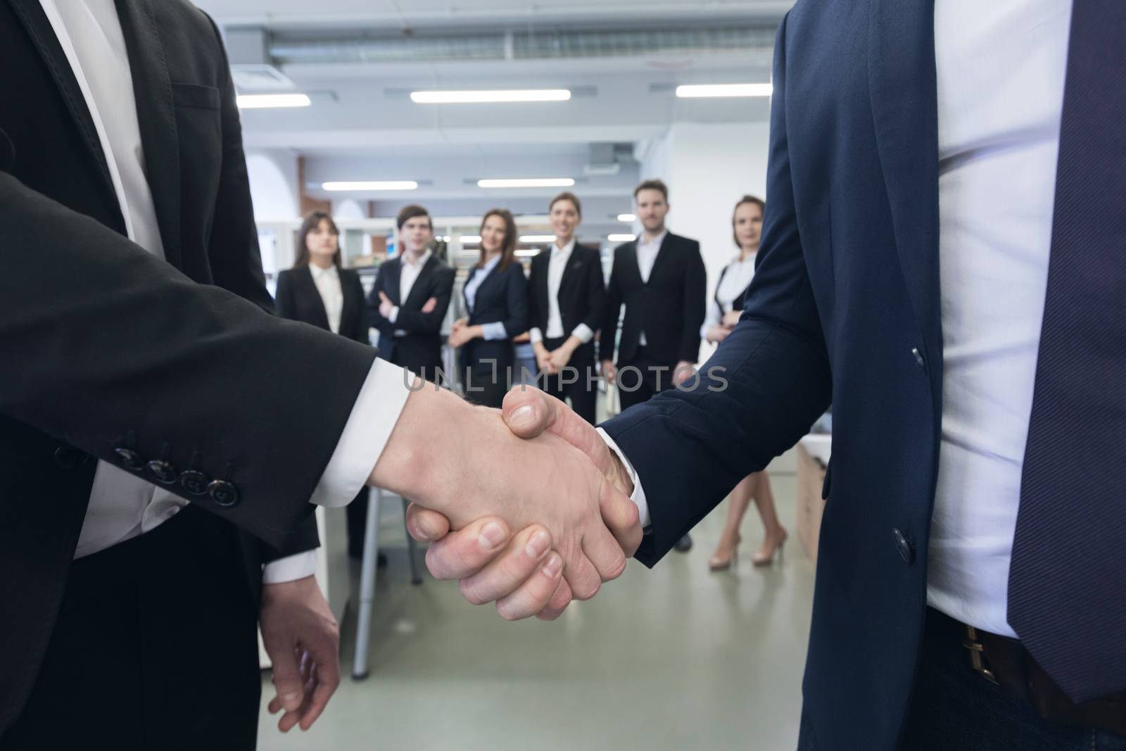Handshake of business people, team of colleagues on background