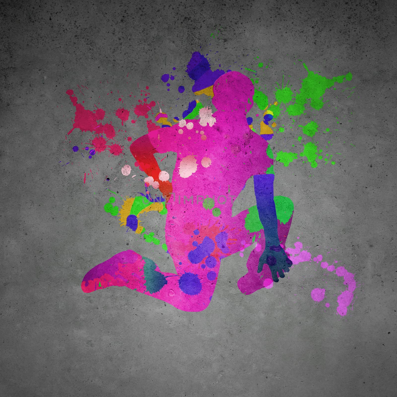 Image with color silhouette of dancer on gray wall