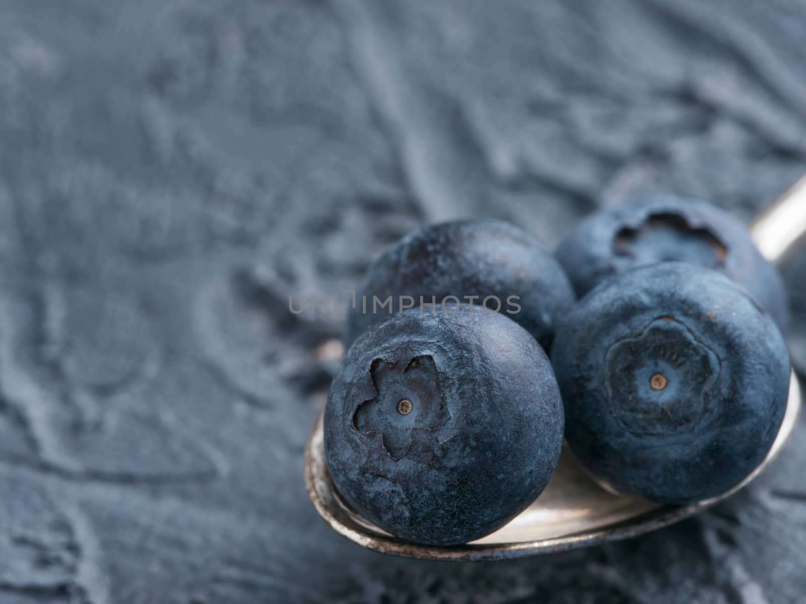 Freshly picked blueberries in spoon closeup. Ripe and juicy fresh blueberries on textured concrete background. Bilberry on dark background with copyspace. Blueberry antioxidant. Healthy eating concept