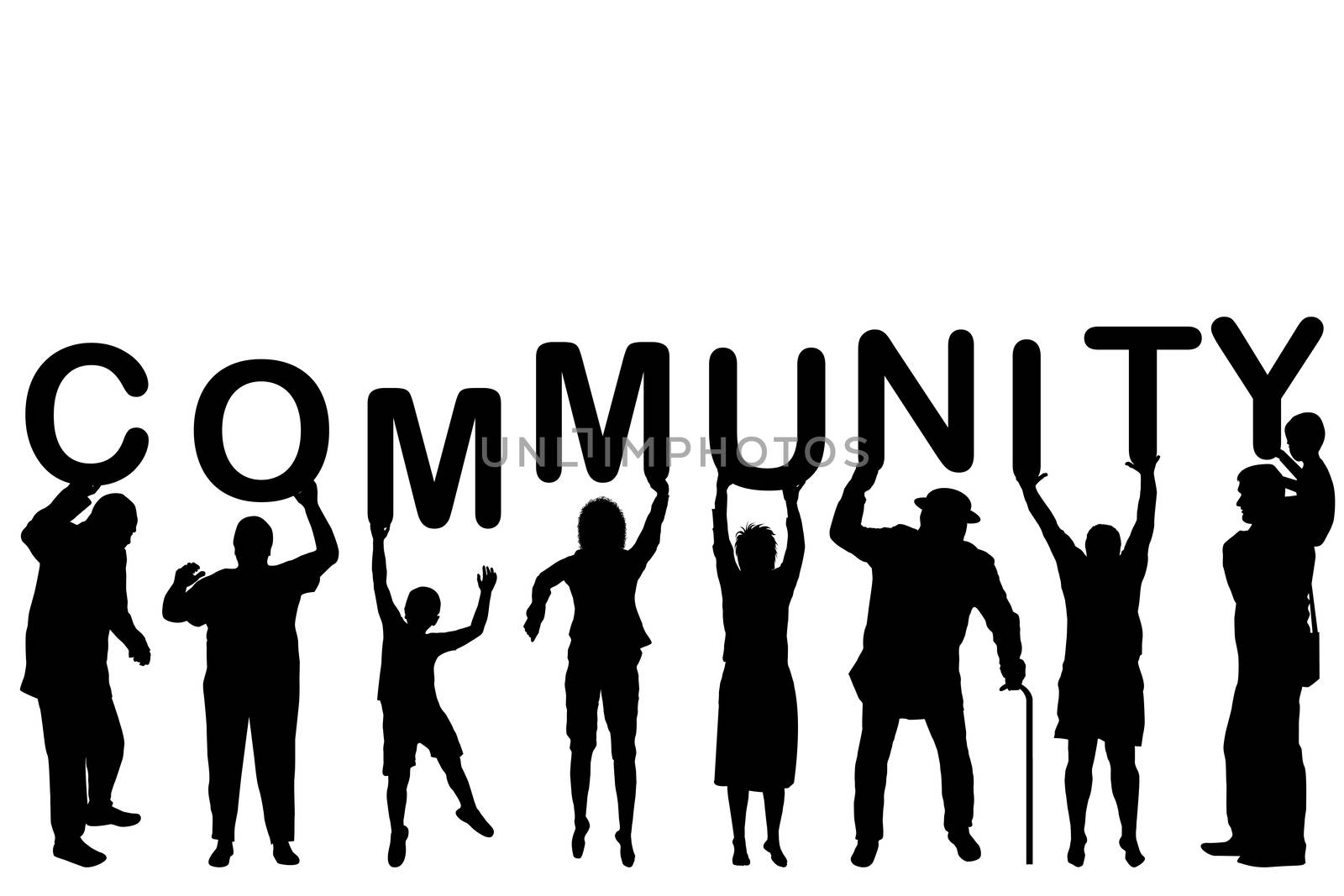 Community concept with people silhouettes holding letters with word COMMUNITY