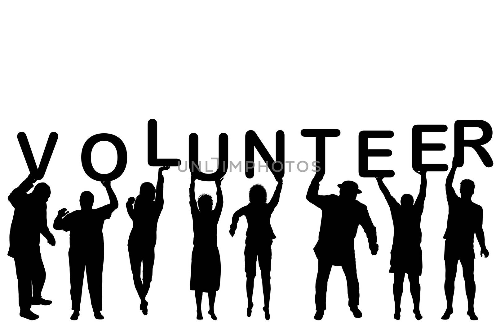 Volunteer concept with people silhouettes holding letters with word VOLUNTEER