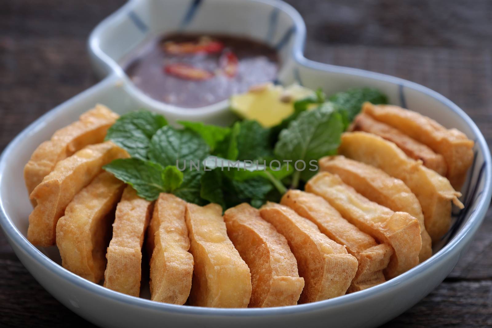 Home made food for family meal, fried tofu with shrimp paste, a very popular food, cheap and delicious at Vietnam