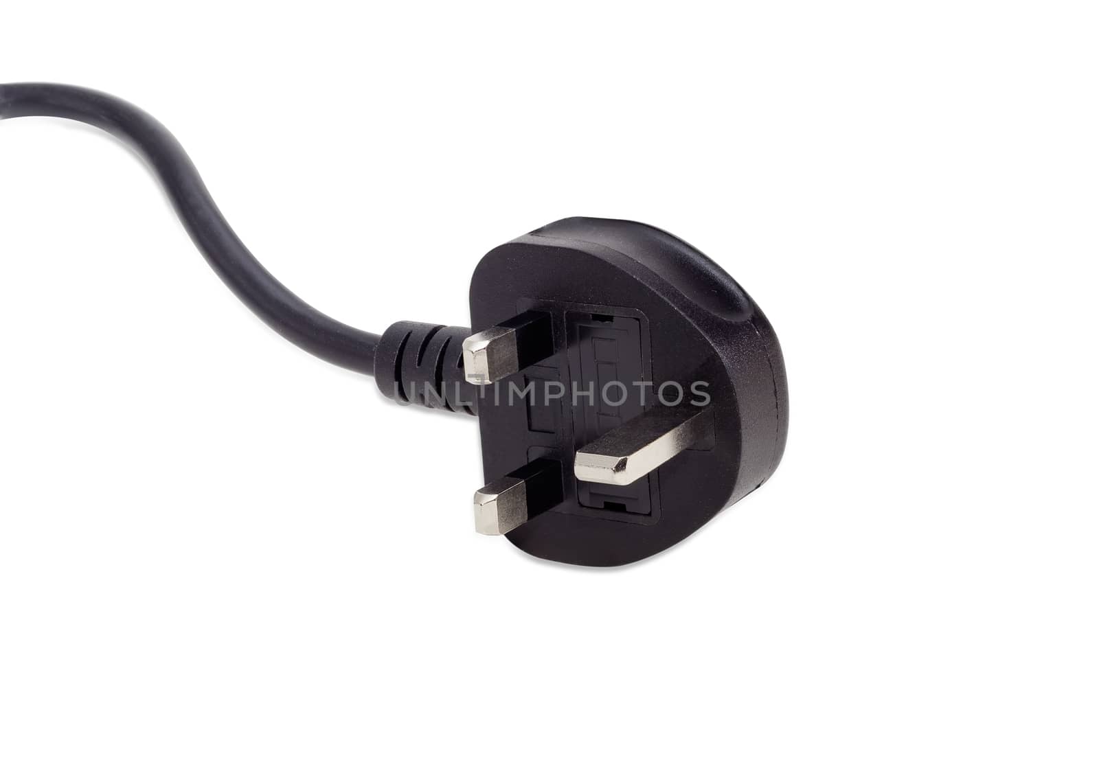 Part of the black power cord with BS 1363 plug equipped with a fuse and the three rectangular pins on a light background
