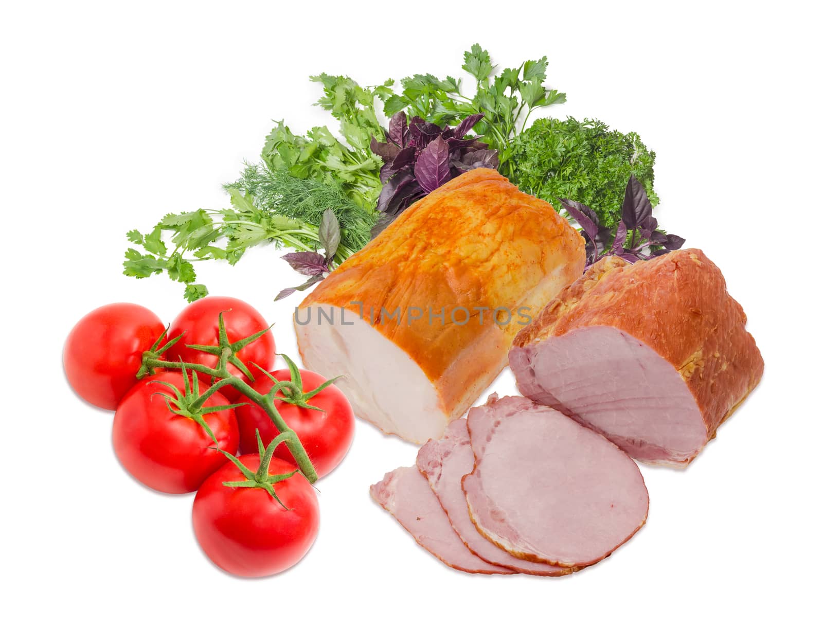 Partly sliced smoked cooked ham with pork loin and piece ham with turkeys, cluster of tomatoes against the background of a bunch of the cilantro, parsley and basil on a light background
