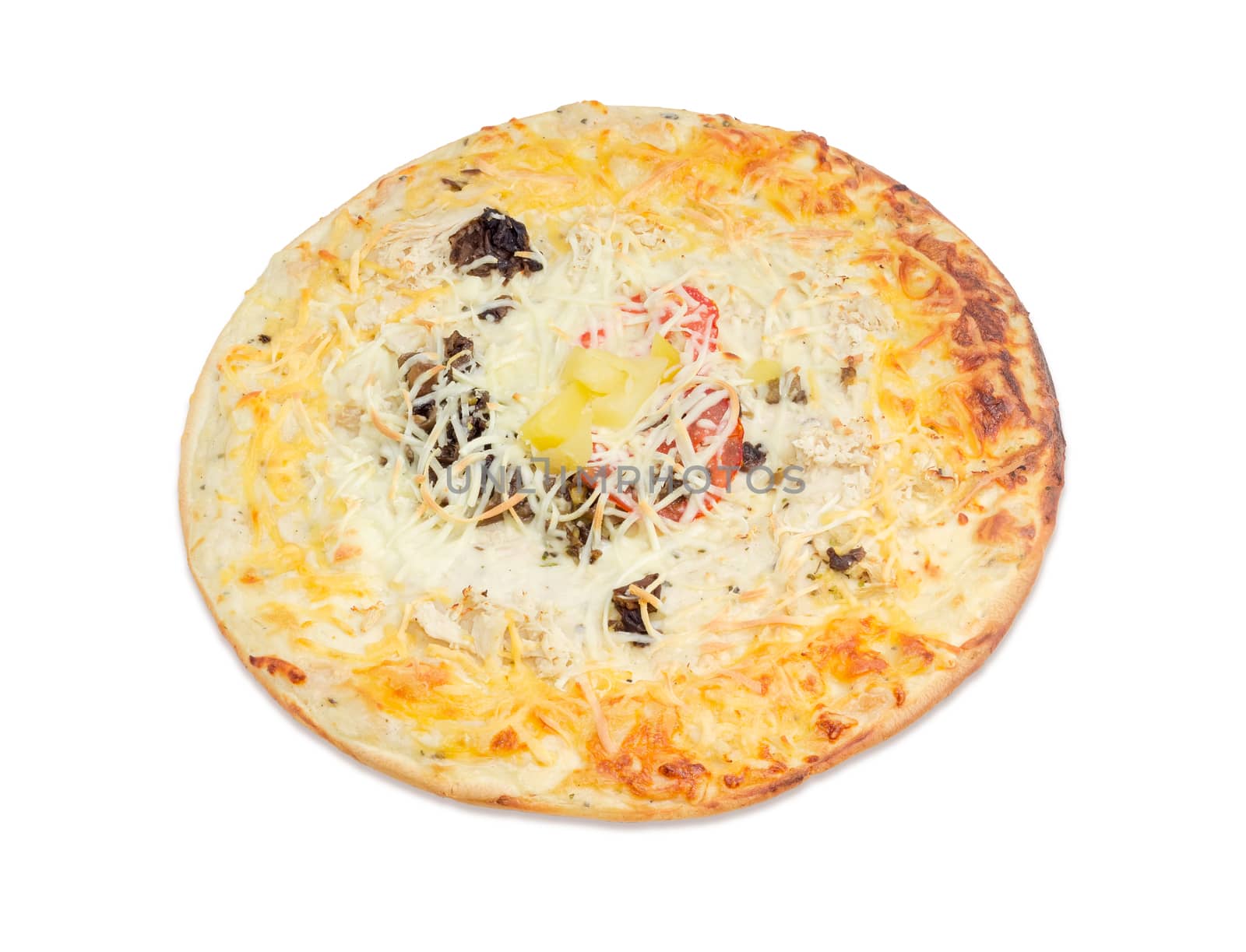 Cooked round pizza with mushrooms, tomatoes and plenty of cheese on a light background
