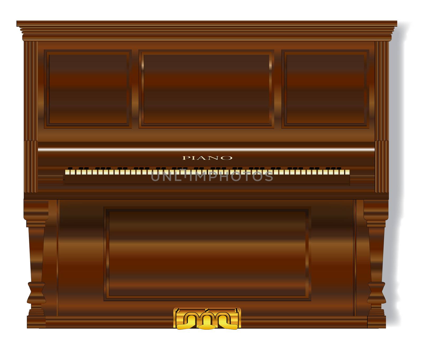 A very old upright standard piano over a white background