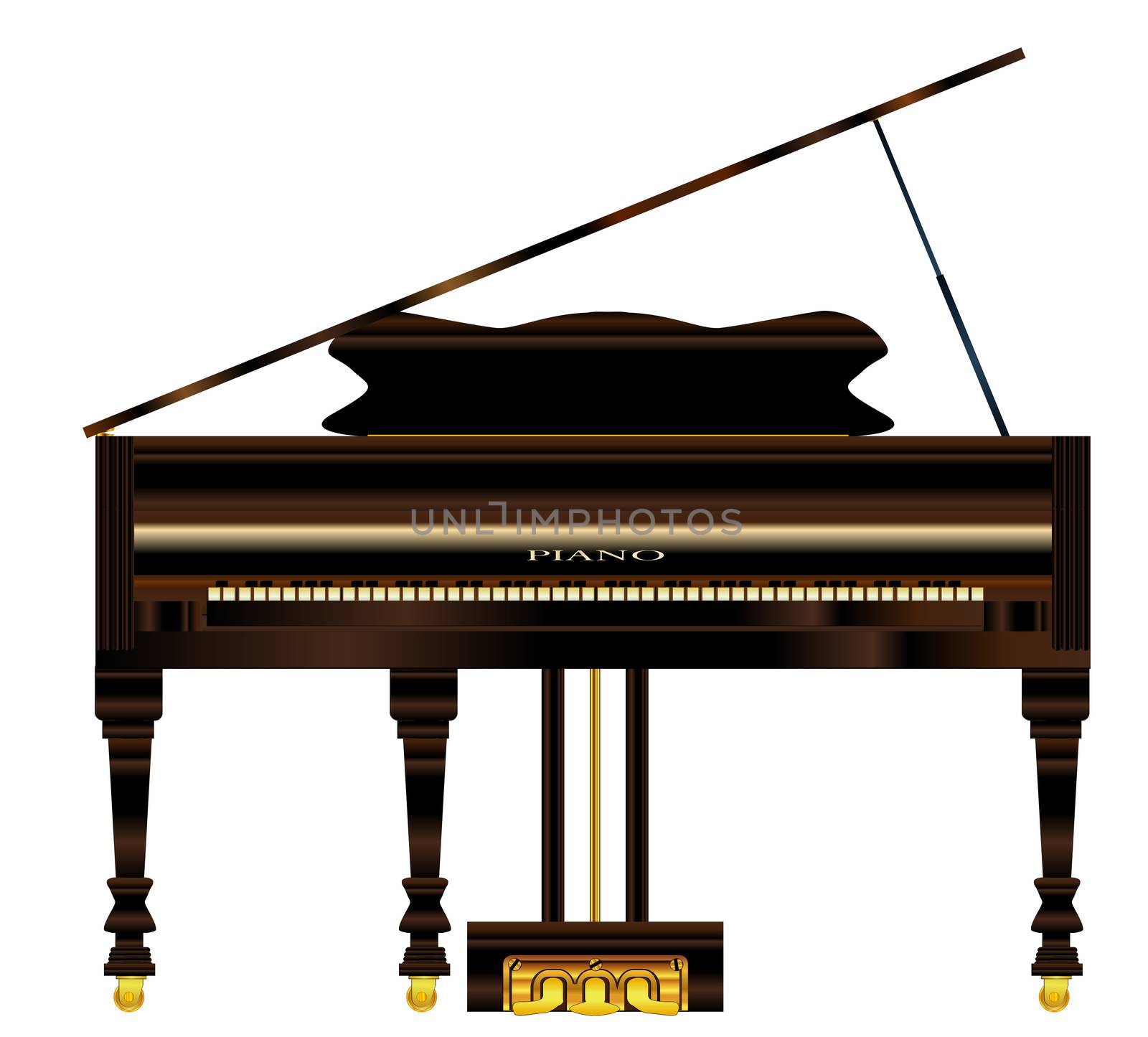 A very old grand piano over a white background
