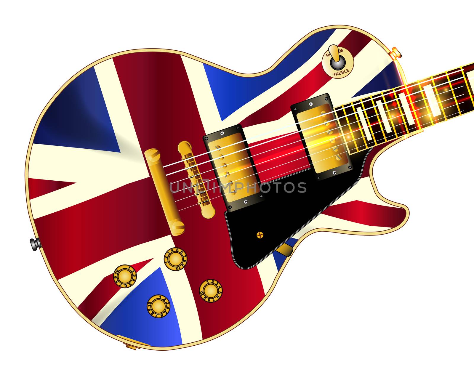 The definitive rock and roll guitar with the Union Jack Flag flag isolated over a white background.